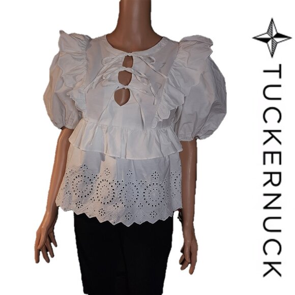Moon River Tops - Tuckernuck Moon River White Ruffle Eyelet Top Small